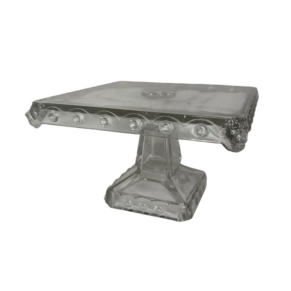Rare Fostoria "Atlanta" Pattern Square Lion Glass Footed Pedestal Cake Stand - Picture 2 of 8